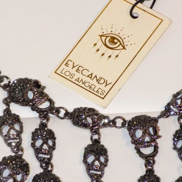 New Eye Candy Glass Crystals Tiered Skulls & Crosses Statement Bib Necklace - Picture 4 of 9